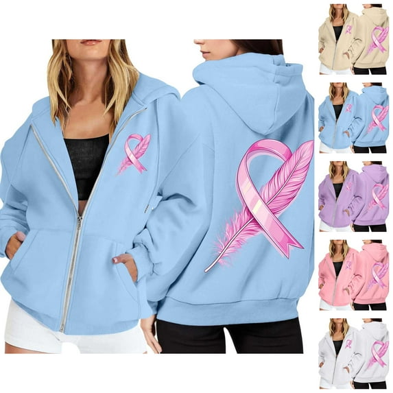 Oversized Hoodie Womens Hoodie Lightweight Sweatshirt Casual Zip Up Hoodie Daily Women's Zip Up Hoodie With Pockets Drawstring Casual Pullover Cancer Awareness Month Long Sleeve Sweatshirt
