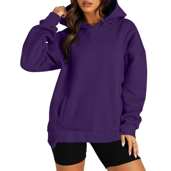 Oversized Hoodie for Women with Pockets Solid Color Hooded Sweatshirt Fashion Casual Loose Long Sleeve Top Hood (Purple M)