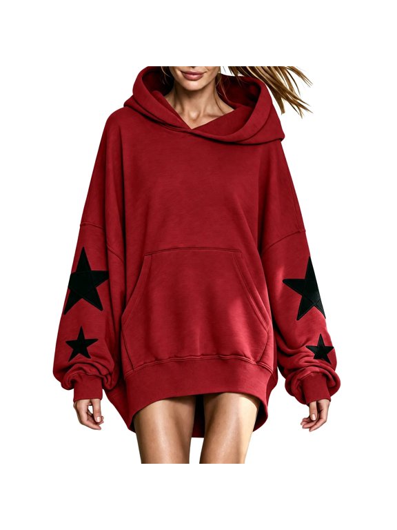 Oversized Hoodie for Women with Stars Print Long Sleeve Drop Shoulder Front Pocket Boyfriend Style Pullover Sweatshirt (2XL, Red)