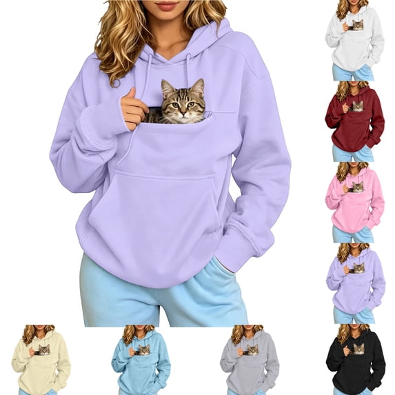 Oversized Hoodies For Women With Dog Pouch Fleece Sharpa Pet Hoodies Carrier Large Pocket Hooded Sweatshirt For Puppy Dogs Holder Light Purple L
