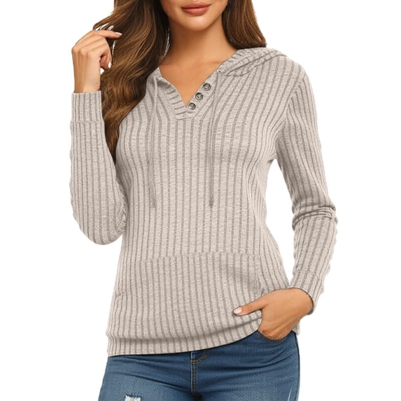 Oversized Hoodies Sweaters for Women Solid Long Sleeve Ribbed Knit Shirts Kangaroo Pocket Pullover Tops