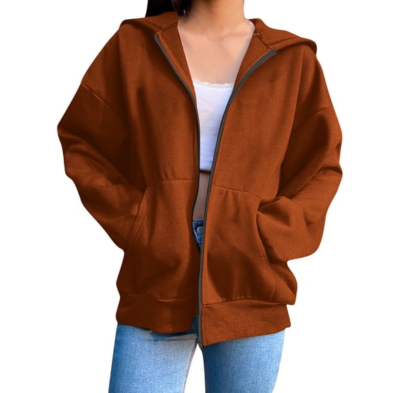 Oversized Hoodies Sweatshirts Womens Zip up Hoodies, Long Sleeve Oversized Hooded Zipper Sweatshirts, Fleece Casual Lightweight Jackets with Pockets Brown L
