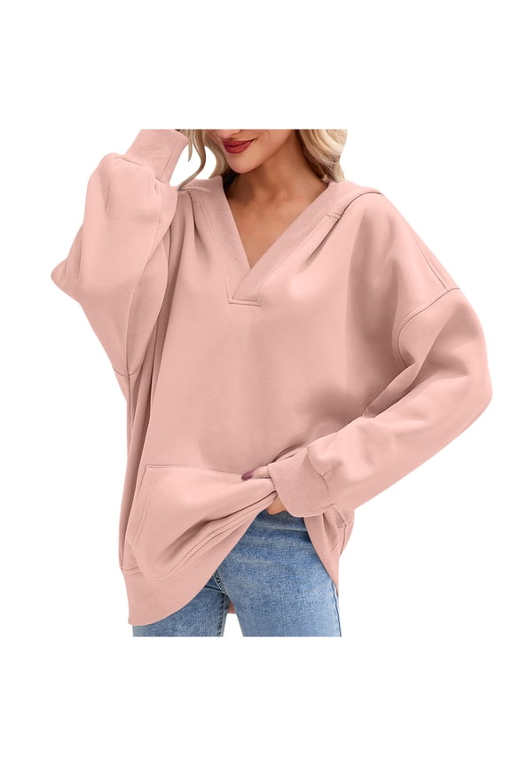 Oversized Hoodies Sweatshirts for Women Pullover Loose V Neck Long Sleeve Warm Fleece Casual Tunic Tops Outerwear