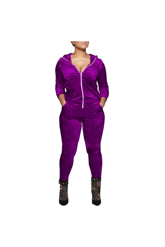 Oversized Hoodies Sweatsuits Velvet Sweat Suits Women 2 Piece Tracksuits Outfits Long Sleeve Zip up Hooded Jacket Jogger Pants Cute Comfortable Casual Velour Clothes Purple XL