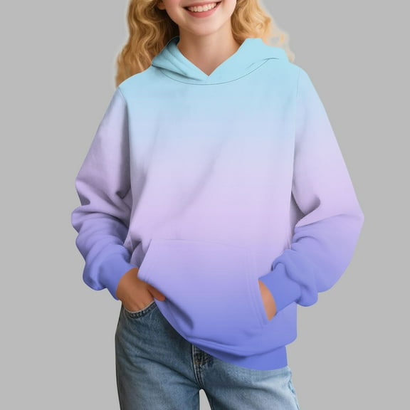 Oversized Hoodies for Teen Girls, Kids Cute Gradient Pullover Tops Long Sleeve Sweatshirt with Pocket New Girls Casual Long Sleeve T Shirts Sky Blue 14 Years