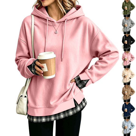Oversized Hoodies for Women 2 in 1 Layered Hooded Sweatshirt Y2k Lightweight Plaid Fall Sweatshirt Teacher Cute Pullover Hoodies Comfort Graphic Hoodie Airport Sweat Shirt