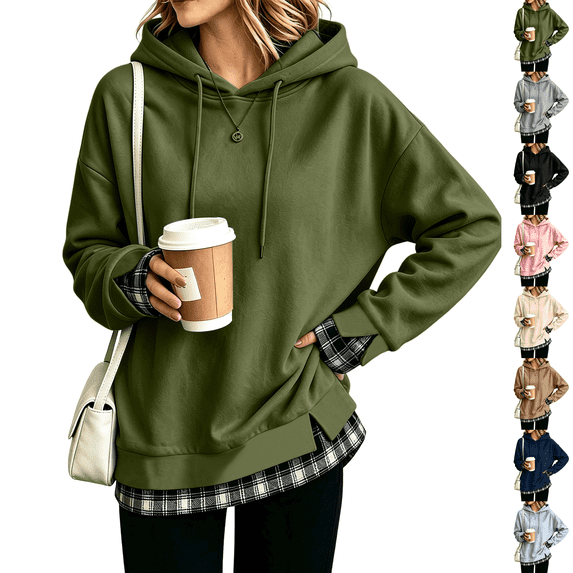 Oversized Hoodies for Women 2 in 1 Layered Hooded Sweatshirt Y2k Lightweight Plaid Fall Sweatshirt Teacher Cute Pullover Hoodies Comfort Graphic Hoodie Airport Sweat Shirt