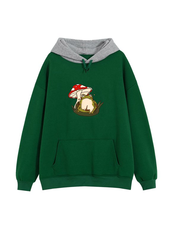 Oversized Hoodies for Women Winter Loose Fit Hooded Long Sleeve Rolled Off the Shoulder with Pocket Frog Print Leisure Polyester Sweatshirts Hoodies(Green,S)