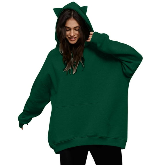 Oversized Hoodies for Women,Woman Fleece Longline Sweatshirts with Cat Hood Solid Color Warm Hoodie with Pockets Thermal Pullover Tops Loose Fit Sweaters Hoody Plus Size 01-Green L