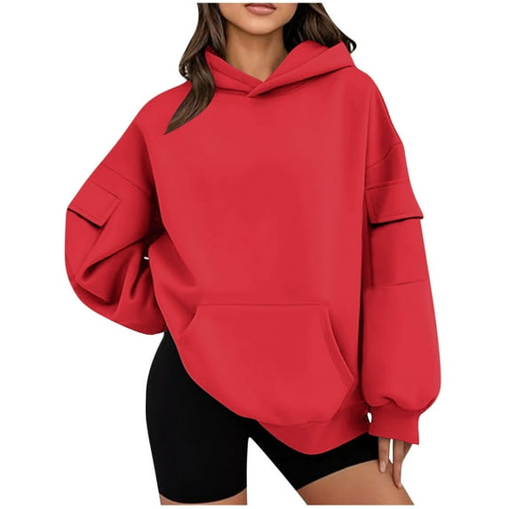 Oversized Hoodies for Women,Woman Sweatshirts Plain Hooded Sweatshirt Solid Color Fleece Hoodie with Pockets Comfortable Pullover Tops Loose Fit Sweaters Hoody Plus Size Red M