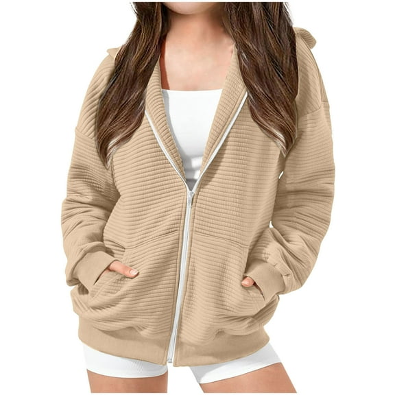 Oversized Hoodies for Kids Girls Long Sleeve Full Zip Hooded Sweatshirt Casual Loose Pockets Solid Color Coat with Hood (Khaki 90)