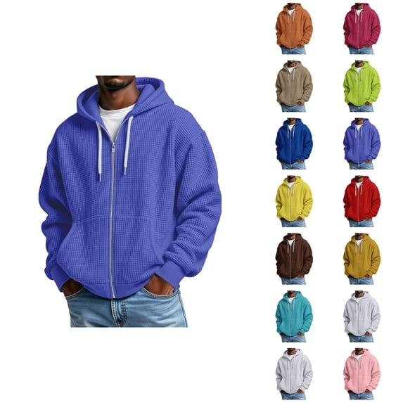 Oversized Hoodies for Men Long Sleeve Solid Color Waffle Hooded Sweatshirt with Pockets Casual Zip Up Jacket Outerwear
