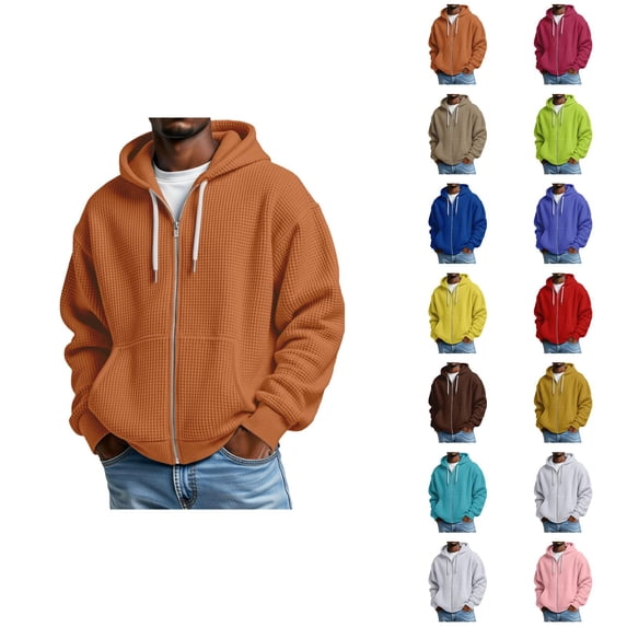 Oversized Hoodies for Men Long Sleeve Solid Color Waffle Hooded Sweatshirt with Pockets Casual Zip Up Jacket Outerwear