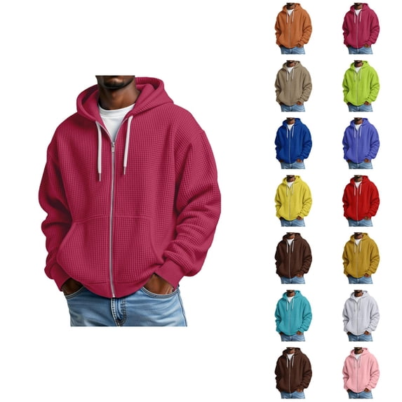 Oversized Hoodies for Men Long Sleeve Solid Color Waffle Hooded Sweatshirt with Pockets Casual Zip Up Jacket Outerwear
