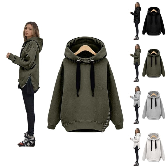 Oversized Hoodies for Women 2025 Fall Winter Long Sleeve Zipper Side Slit Plain Hooded Sweatshirt Pullover Tops