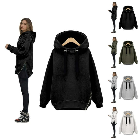 Oversized Hoodies for Women 2025 Fall Winter Long Sleeve Zipper Side Slit Plain Hooded Sweatshirt Pullover Tops