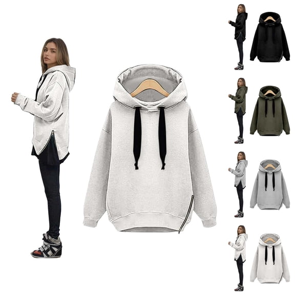 Oversized Hoodies for Women 2025 Fall Winter Long Sleeve Zipper Side Slit Plain Hooded Sweatshirt Pullover Tops