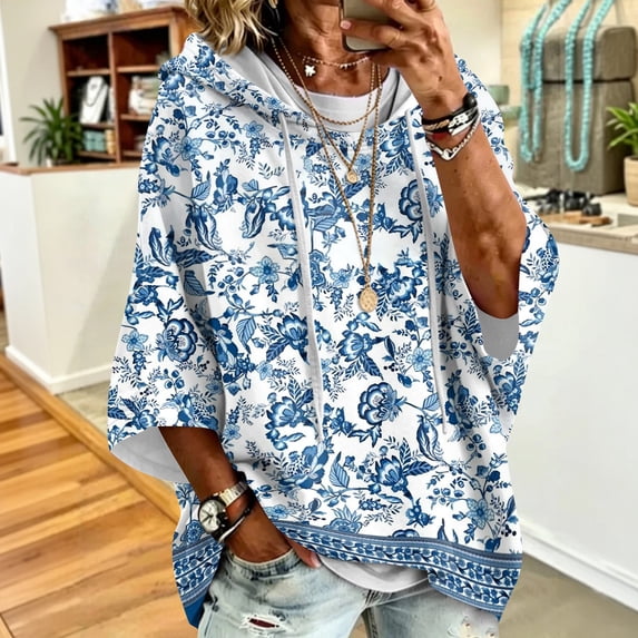 Oversized Hoodies for Women 3/4 Sleeve Floral Graphic Hooded Sweatshirt Loose Fit Pullover Casual Fall Outfits Soft Daily Going Out Pullover Tops