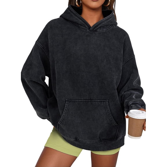 Oversized Hoodies for Women Acid Wash Sweatshirt Cute Pullover Fall Winter Long Sleeve Shirts Black XXL