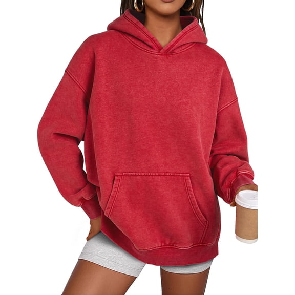 Oversized Hoodies for Women Acid Wash Sweatshirt Cute Pullover Fall Winter Long Sleeve Shirts Red L