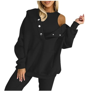 Oversized Hoodies for Women Button Pullover Sweatshirts Drawstring Top with Pockets Solid Color Long Sleeve Loose Casual Clothes (Black L)