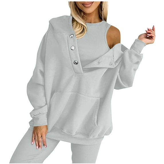 Oversized Hoodies for Women Button Pullover Sweatshirts Drawstring Top with Pockets Solid Color Long Sleeve Loose Casual Clothes (Gray 3XL)