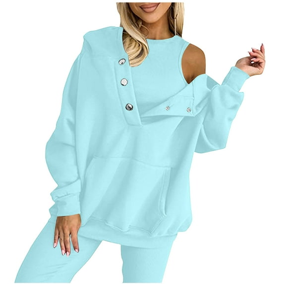 Oversized Hoodies for Women Button Pullover Sweatshirts Drawstring Top with Pockets Solid Color Long Sleeve Loose Casual Clothes (Light Blue S)