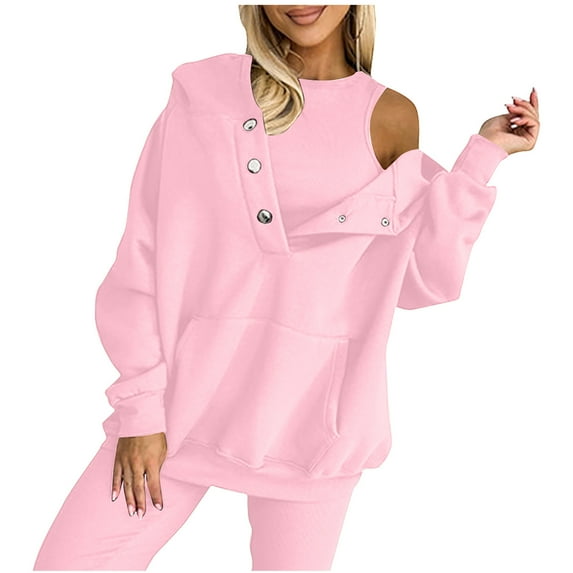 Oversized Hoodies for Women Button Pullover Sweatshirts Drawstring Top with Pockets Solid Color Long Sleeve Loose Casual Clothes (Pink M)