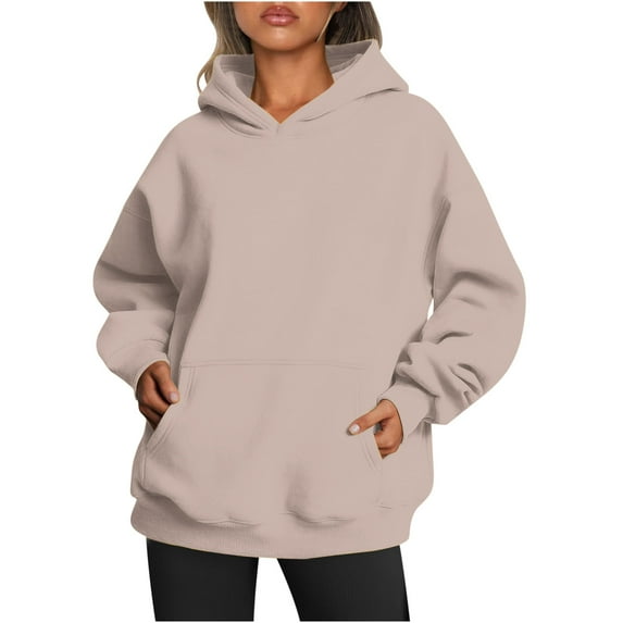 Oversized Hoodies for Women Casual Long Sleeve Solid Color Sweatshirts Pullover Hooded Sweaters with Pockets Winter Loose Top (Khaki XL)