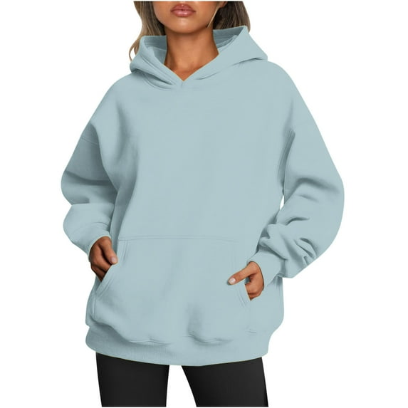 Oversized Hoodies for Women Casual Long Sleeve Solid Color Sweatshirts Pullover Hooded Sweaters with Pockets Winter Loose Top (Light Blue 2XL)