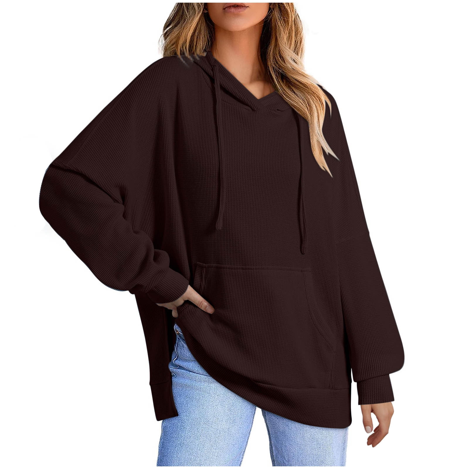 Djeanxa Women's Oversized Waffle Hoodie – Casual Long Sleeve Pullover With Pocket, Grey, Large