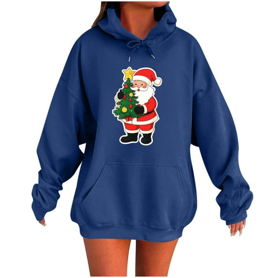 Oversized Hoodies for Women Christmas Outfits Holiday Long Sleeve Pullover Sweatshirts with Pockets, S Blue