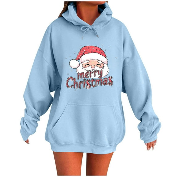 Oversized Hoodies for Women Christmas Outfits Holiday Long Sleeve Pullover Sweatshirts with Pockets, S Light Blue
