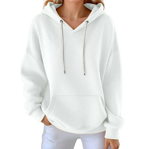 Oversized Hoodies for Women Drawstring Solid Long Sleeve Ribbed Knit Sweatshirts Lightweight Casual Loose Tops with Pocket White L