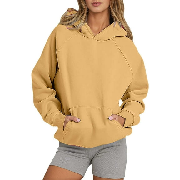 Oversized Hoodies for Women Fall Fashion 2025 Long Sleeve Sweatshirts with Pocket Basic Solid Loose Fit Hooded Tops Z002-Yellow XL