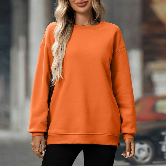 Oversized Hoodies for Women, Fashion Women Round Neck Long Sleeve Solid Loose Sweatshirt Blouse, Orange L