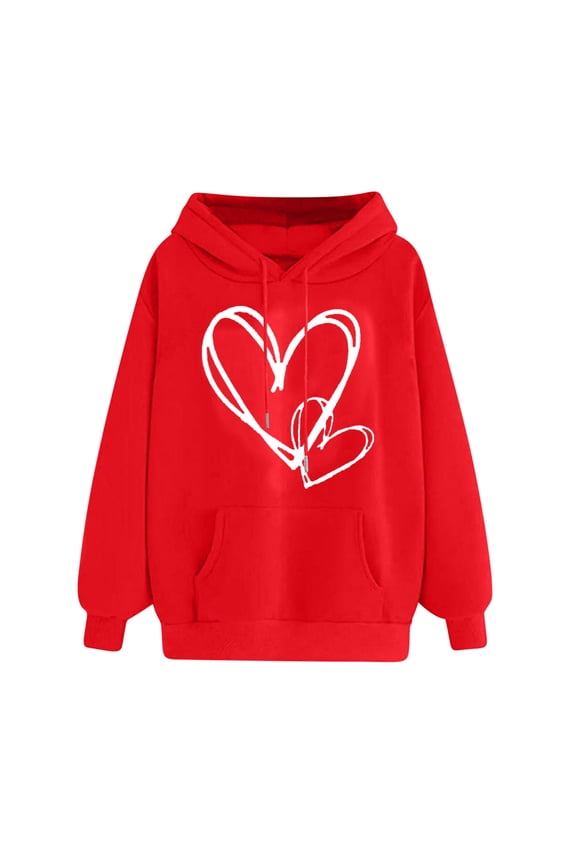 Oversized Hoodies for Women Graphic Heart Pullover Hooded Sweatshirt Valentines Day Long Sleeve Pockets Top with Hood (Red XXL)