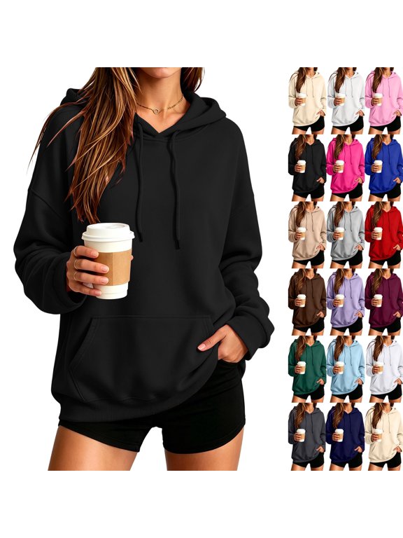 Oversized Hoodies for Women Long Sleeve Drawstring Hood Pullover Plus Size Casual Top with Front Kangaroo Pocket Black XXL