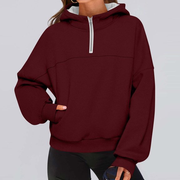 Oversized Hoodies for Women New Ladies Fashionable Half Zip Pocket Hooded Sweatshirt Style B-69 Wine XL