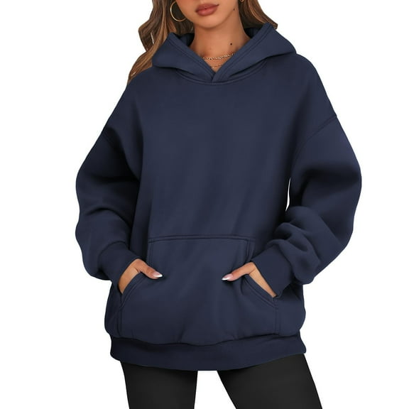 Oversized Hoodies for Women Plain Pullover Sweatshirt with Pockets Long Sleeve Hooded Sweat Shirts Y2k Tops Navy S