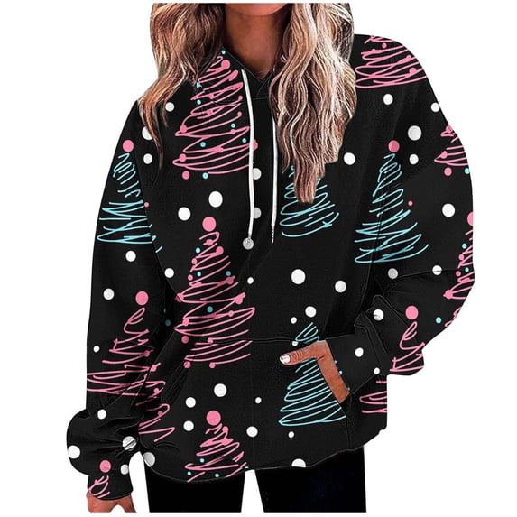 Oversized Hoodies for Women Plus Size Drawstring Christmas Graphic Print Loose Preppy Sweatshirt with Pocket