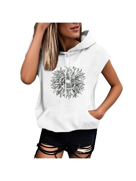 Oversized Hoodies for Women Sleeveless Sunflower Graphic Pullover Hooded Sweatshirt Vest Top Streetwear Casual Top M