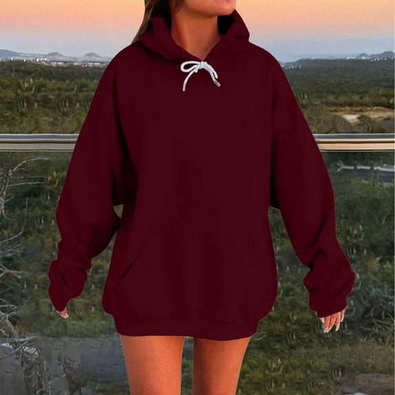 Oversized Hoodies for Women Solid Color Casual Active Hooded Sweatshirt with Pocket Long Sleeve Drop Shoulder Pullover Top Cute Preppy Clothes