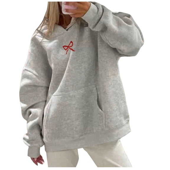 Oversized Hoodies for Women Trendy Y2k Bow Embroidery Long Sleeve Sweatshirts with Pocket Fall Winter Casual Loose Fit Hooded Tops