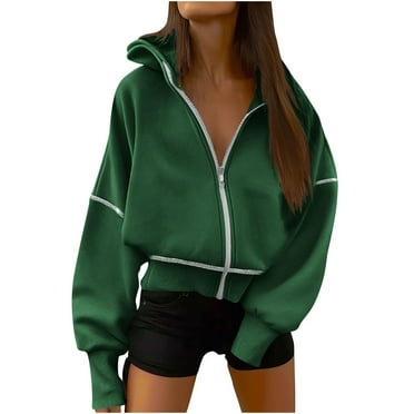 Oversized Hoodies for Women Zip Up Long Sleeve Hooded Sweatshirt Casual Loose Solid Color Jacket with Hood (Army Green L)