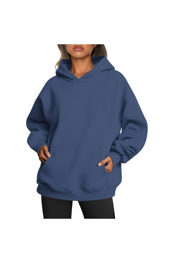 Oversized Hoodies with Pocket Women Cotton Plain Pullover Hooded Sweatshirts Sweater Long Sleeve Fleece Lined Tops (2XL, Dark Blue)