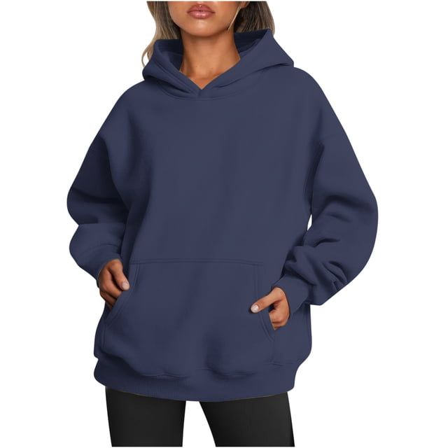 Oversized Hoodies with Pocket Women Cotton Plain Pullover Hooded Sweatshirts Sweater Long Sleeve Fleece Lined Tops (2XL, Navy)