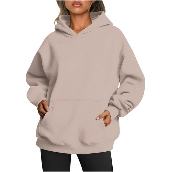 Oversized Hoodies with Pocket Women Cotton Plain Pullover Hooded Sweatshirts Sweater Long Sleeve Fleece Lined Tops (L, Khaki)