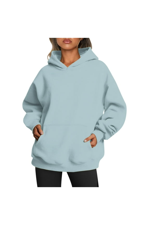 Oversized Hoodies with Pocket Women Cotton Plain Pullover Hooded Sweatshirts Sweater Long Sleeve Fleece Lined Tops (L, Light Blue)