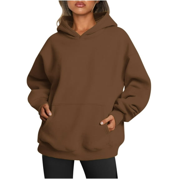 Oversized Hoodies with Pocket Women Cotton Plain Pullover Hooded Sweatshirts Sweater Long Sleeve Fleece Lined Tops (M, Coffee 01)